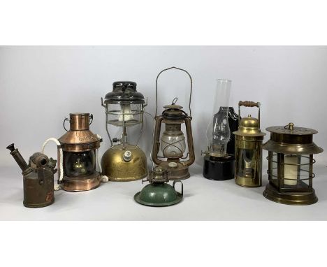 MIXED GROUP OF VINTAGE & LATER LAMPS & OTHER COLLECTABLES including Tilley pressure lamp, copper masthead lamp, two lanterns,