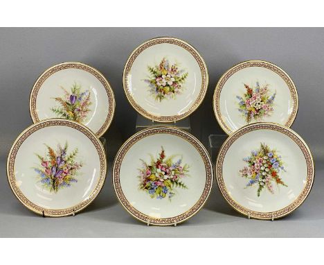 ROYAL WORCESTER SET OF SIX DESSERT PLATES, circa 1878, each painted with hollyhocks and meadow flower within a jewelled borde