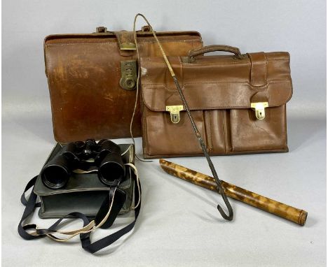 GROUP OF MIXED VINTAGE COLLECTABLES, including two leather briefcases, bamboo recorder, Russian 12x45M binoculars with case, 