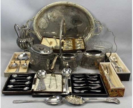 MIXED GROUP OF PLATED ITEMS including oval cake basket with bead rim, engraved centre and swing handle, 31cms (w), EPBM Walke
