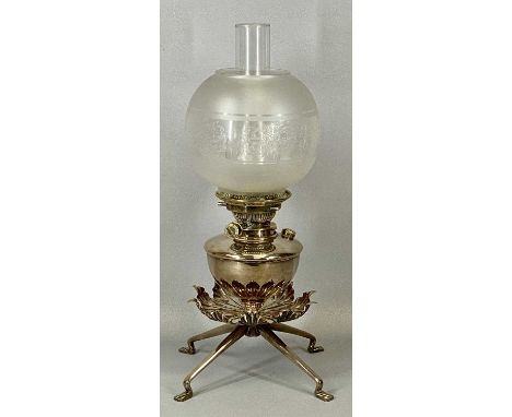 SILVER PLATED OIL LAMP  by W. A. S. Benson, twin burners, circular reservoir, leaf design under tier and on four angular spre
