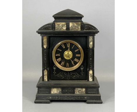 BLACK SLATE & MARBLE MANTEL CLOCK, late 19th century, of architectural design, circular dial with gilded Roman numerals, eigh