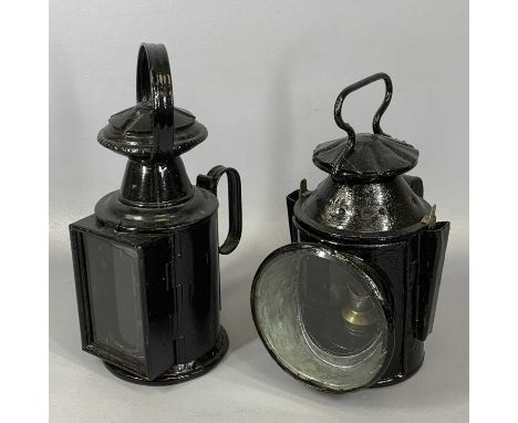 TWO VINTAGE STEEL RAILWAY SIGNAL LAMPS, unnamed, with burners 32cms and 29cms (h)Provenance: private collection Conwy 