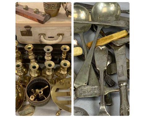 LARGE GROUP OF BRASSWARE COLLECTABLES including eight pairs of candlesticks, 27cms (h) the tallest, oval tea kettle, oval tri