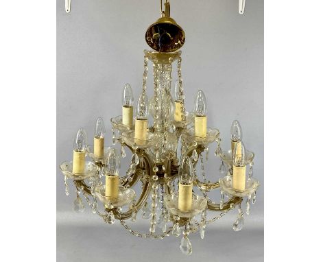 MODERN EIGHT-BRANCH, TWELVE-LIGHT CHANDELIER CEILING LIGHT FITTING, glass and metal with cut glass drops, approx. 42cms (h) x