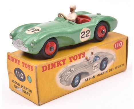 Dinky Toys Aston Martin DB3 Sports (110). In mid green with red seats and wheels, black tyres, RN22, complete with driver. Bo