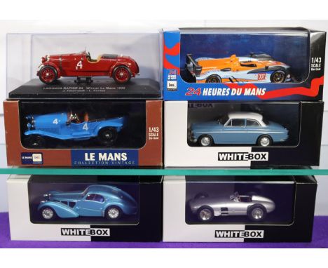 6 1:43 various cars. 3x White Box- Bugatti 57 Atlantic in metallic light blue. Plus a Mercedes W196 single seater 1954 in sil