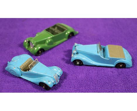 3x Dinky Toys 38 series cars. Frazer Nash BMW Sports car (38a) in blue with grey seats and black wheels. Sunbeam Talbot Sport