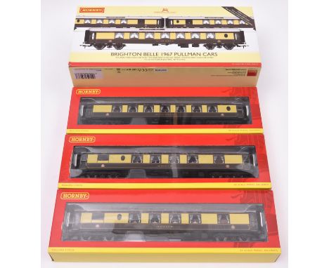 A Hornby Brighton Belle 1967 Pullman Cars pack. Comprising 3 Pullman cars: 'Mona','Gwen' and 'Car No. 85. All in traditional 