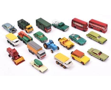 20 Matchbox Series. 4 Stake Truck, 5 London Bus, 17 Horse Box, 18 Field car, 30 8 Wheel Crane, 39 Ford Tractor, 45 Ford Corsa