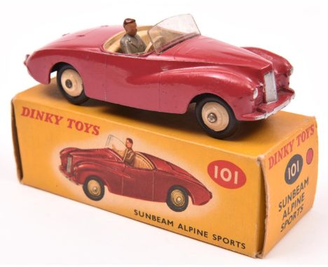 Dinky Toys Sunbeam Alpine Sports (101). 'Touring' example in cerise with cream interior, with cream wheels and black tyres. C