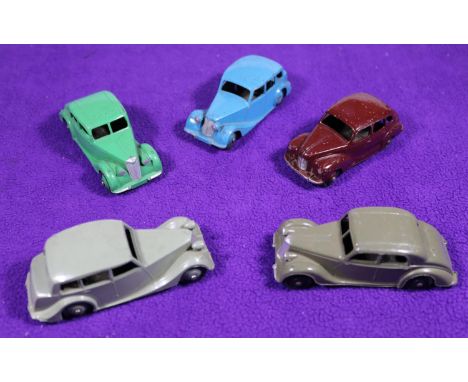 5x Dinky Toys 40 series cars.  Riley Saloon (40a) in dark grey with black wheels. Riley Saloon (40a) with green body and whee