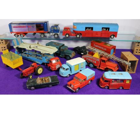 14x Corgi Toys. Chipperfields Circus items; Bedford tractor and articulated horse box with horses. Crane Truck. Smith's Karri