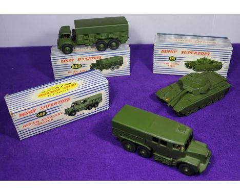 3 Dinky Toys Military Vehicles. Foden 10-Ton Army Truck (622). In satin olive green complete with tin tilt. Boxed, minor wear