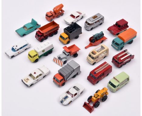 20 Matchbox Series. 1 Mercedes Truck, 7 Ford Refuse truck, 8 Ford Mustang, 16 Scammell Snow Plough, 17 8-Wheel Tipper, 21 Mil