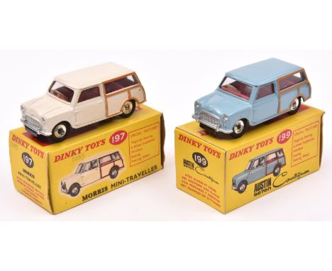 2 Dinky Toys Morris and Austin Mini Estates.  Morris Mini-Traveller (197) in cream with red interior. Plus an Austin Seven Co