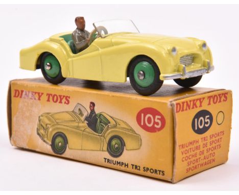 Dinky Toys Triumph TR2 Sports (105). A scarce 'Touring' example in yellow with light green interior, mid green wheels and bla