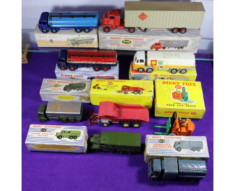 9x Dinky Toys, mainly for restoration. Coventry Climax Fork Lift Truck (401). Foden 14-ton Tanker (504) over painted in blue.