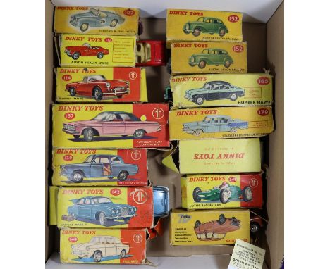 14x Dinky Toys cars. Including; Sunbeam Alpine Sports (107), Austin Healey Sprite (112), Triumph Spitfire (114), Plymouth Fur