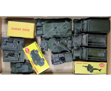 13 Dinky Toys. 3 boxed- Armoured Car (670), 25 Pounder Field Gun (686). Plus a Field Artillery Tractor (688). Plus 3x 6 wheel