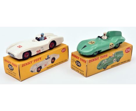 2 Dinky Toys Racing Cars. Connaught Racing Car (236) in mid green, RN32, with red cockpit, complete with driver, slightly dar