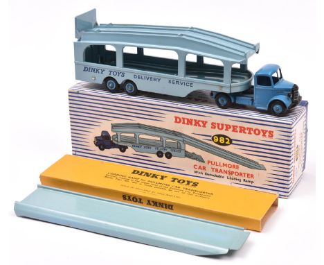 Dinky Supertoys Pullmore Car Transporter (982). An example with mid blue cab and light blue trailer, mid blue wheels with smo