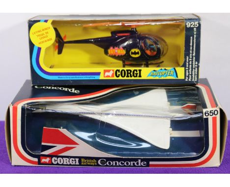 2 Corgi. A Batcopter (925). In black with orange/black blades. Complete. Boxed, some creasing to window/light wear to box. Co