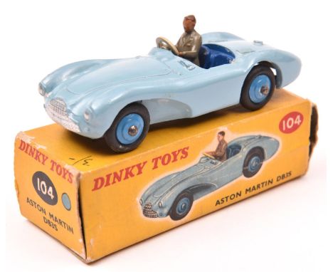 Dinky Toys Aston Martin DB3S (104). A scarce 'Touring' example in light blue with dark blue interior and mid blue wheels with