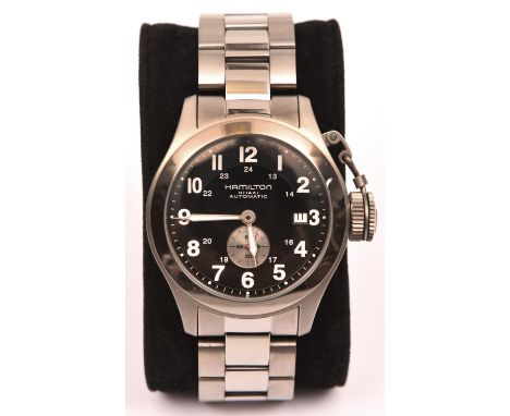 A Hamilton Khaki Automatic H774150 150 watch with automatic self winding mechanism. With titanium case and bracelet, black fa