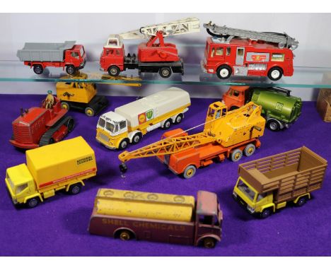 11 Dinky Toys. Leyland Octopus Tanker, AEC Monarch Tanker, Bedford Jones Crane, Merry Weather Fire Engine, Ford D Series Road