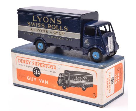 Dinky Supertoys Guy Van 'Lyons' (514). In dark blue livery, with grey band, mid blue wheels and black tyres, complete with bo