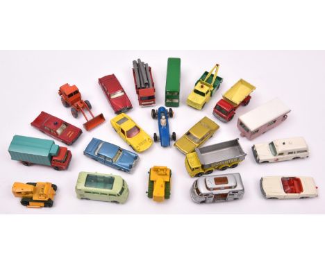 20 Matchbox Series. 3 Mercedes-Benz Binz Ambulance. 2x 8 Caterpillar Tractor. 10 Pipe Truck. 13 Dodge Wreck Truck. 23 Trailer