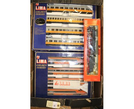 4x Lima Golden Series HO gauge railway electric multiple unit 4-car sets. A French TGV pantograph set (149711) in orange, gre
