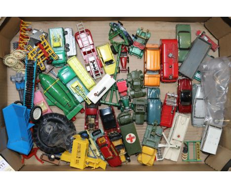 35+ diecast vehicles by various makes including Dinky, Tri-ang Spot-On, Matchbox, etc. Many for restoration. 2x Spot-On Landr