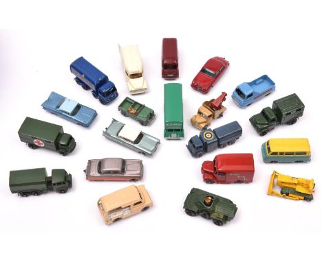 20 Matchbox Series. 10 Sugar Container, 12 Land Rover, 13 Wreck Truck, 14 Lomas Ambulance, 18 Bulldozer, 27 Cadillac Sedan, 2