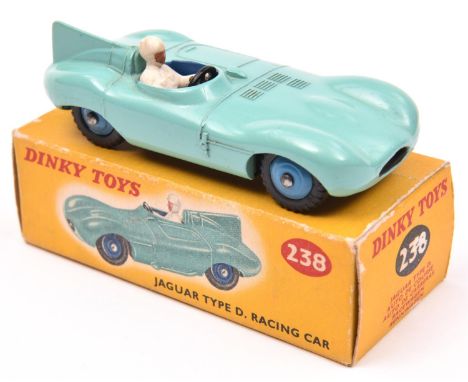 Dinky Toys Jaguar Type D Racing Car (238). In turquoise, with mid blue wheels and cockpit, complete with driver. Boxed, an in