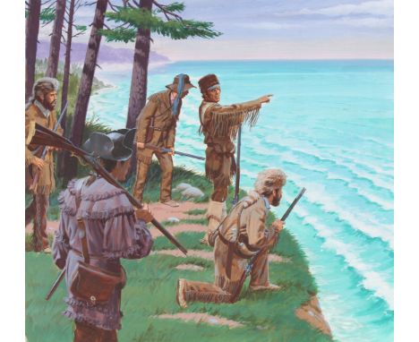 Ed Vebell (American, 1921 - 2018) "Lewis and Clark Reach Pacific Ocean" Signed lower right. Original Acrylic painting on Maso