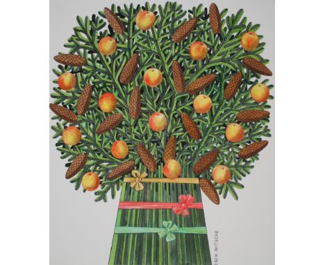 Erik Nitsche (Swiss, 1908 - 1998) "Christmas -- Pear Tree Boughs" Signed lower right. Original Mixed Media painting on Illust