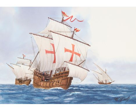 Tom McNeely (Canadian, B. 1935) "Columbus Crossing the Atlantic" Signed lower right. Original Mixed Media painting on Paper. 