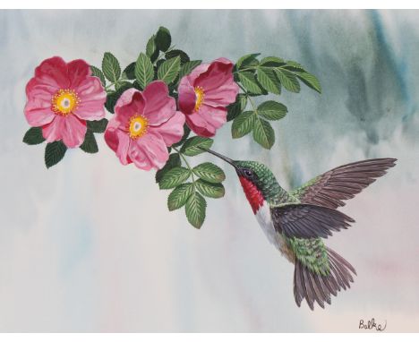 Don Balke (North Carolina, B. 1933) "Ruby-throated Hummingbird Taking Nectar" Signed lower right. Original Watercolor paintin