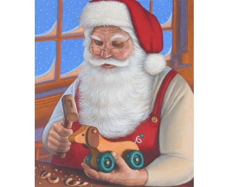 Michael Garland (American, B. 1952) "Santa Working on Toy" Signed lower right. Original Acrylic painting on Illustration Boar
