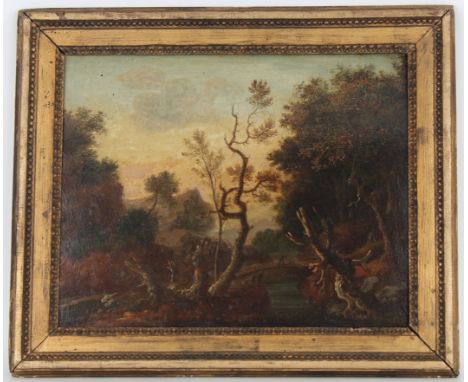 Old Master Italianate Landscape with Figures. 18th Century painting depicting travelers in a wooded landscape. Oil on panel. 