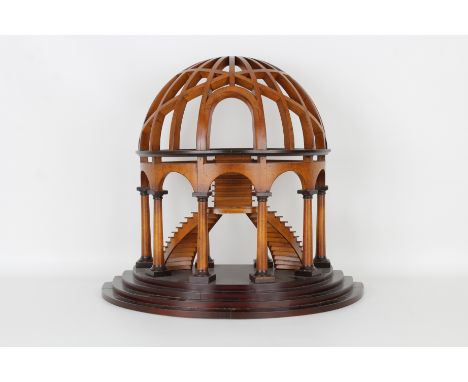 Architectural Model of a Round Half Rotunda. Carved wood with columns and stairs in contrasting light and dark woods on a ste