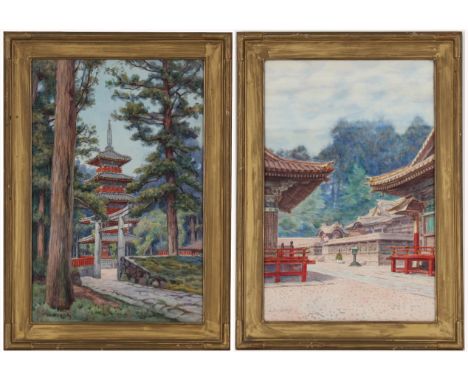 (2) Signed 20th C. Japanese Watercolors. Each signed "K. Hinata" lower left. With old labels verso. Sight Size: 19.25 x 12.5 