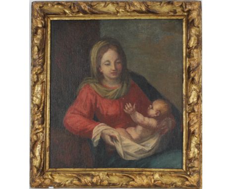 Old Master Painting of Mother and Child. Oil on canvas. Housed in an antique gilt Italian frame. European School. With old in