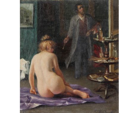 Guilio Bertoncelli (1880 - 1920) Artist with a nude model in his studio.  Signed lower right.  Inscribed "Firenze" lower left