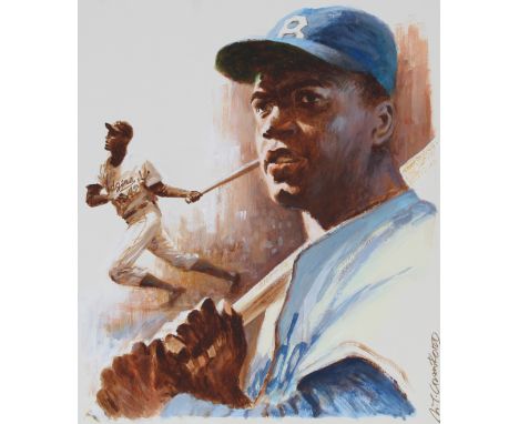 Mel Crawford (Canadian, B. 1925) "Jackie Robinson" Signed lower right. Original Mixed Media painting on Cold Press Illustrati