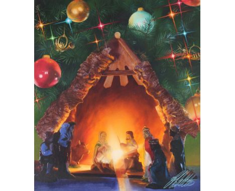Ed Little (American, B. 1957) "Christmas "The Holy Tradition", Manger in Christmas Tree" Signed lower right. Original Oil pai