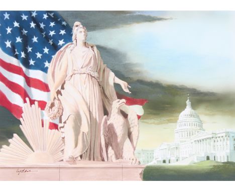 Tom Lydon (American, B. 1944) "America w/Eagle at Her Side &amp; Sun at Her" Signed lower left. Original Mixed Media painting