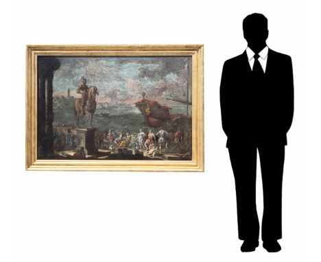 Exceptional Large Old Master Figural Painting Depicting Figures Near a Coast with Ships in the Distance. European School, lik